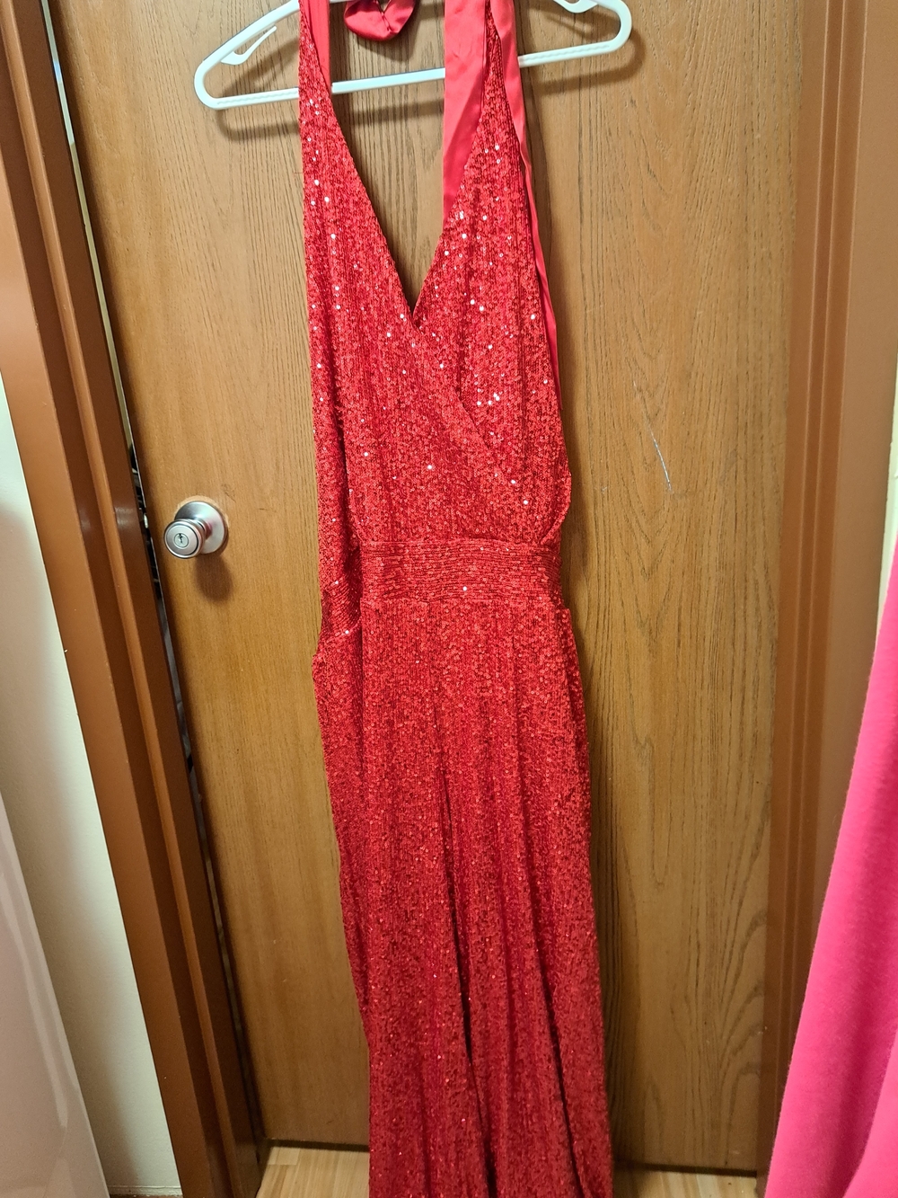 Red Sequin Halter Evening Dress